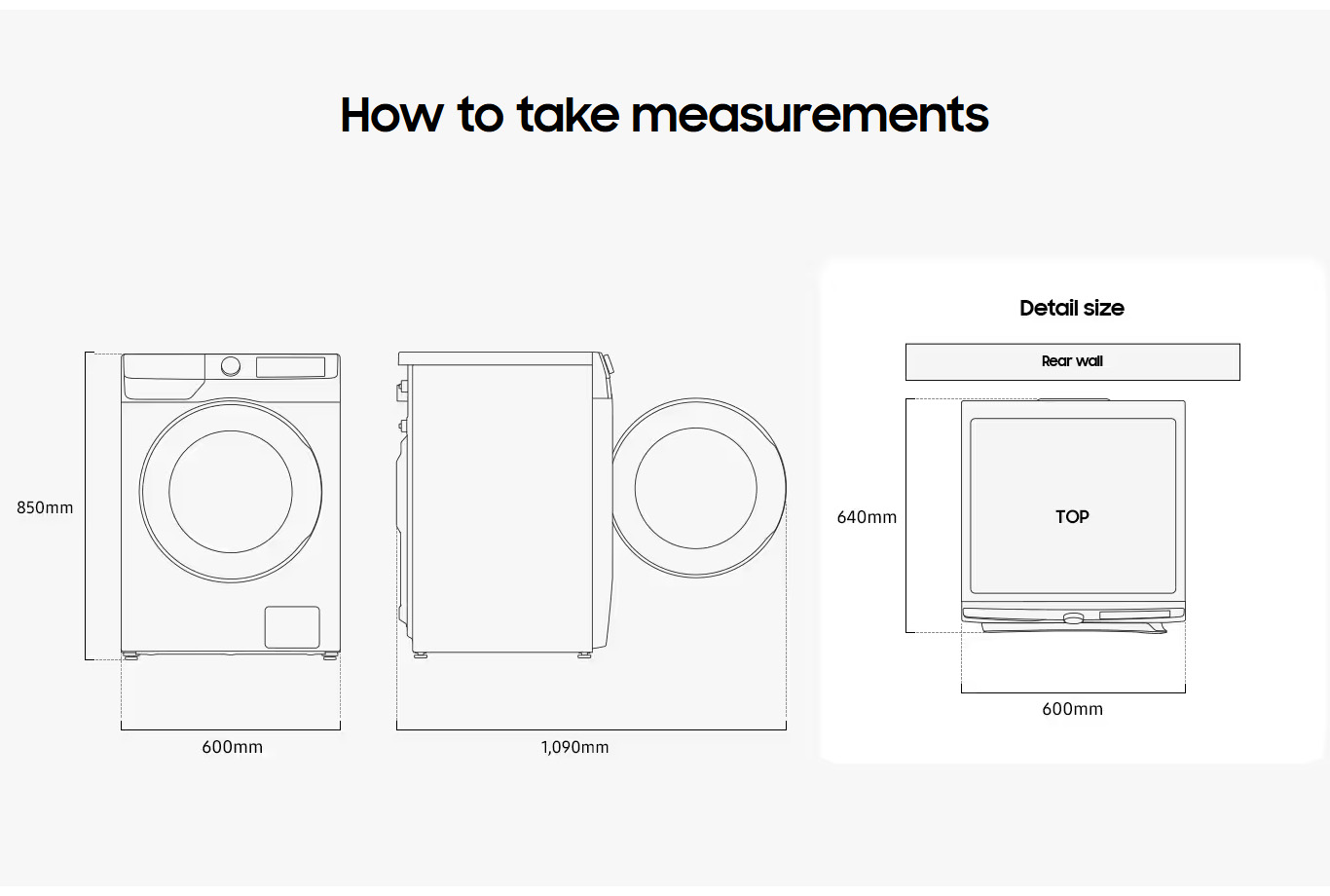 Samsung WW11DG6B85LKU3 11kg 1400rpm AI Control Ecodoser Class A Washing Machine ALL dims